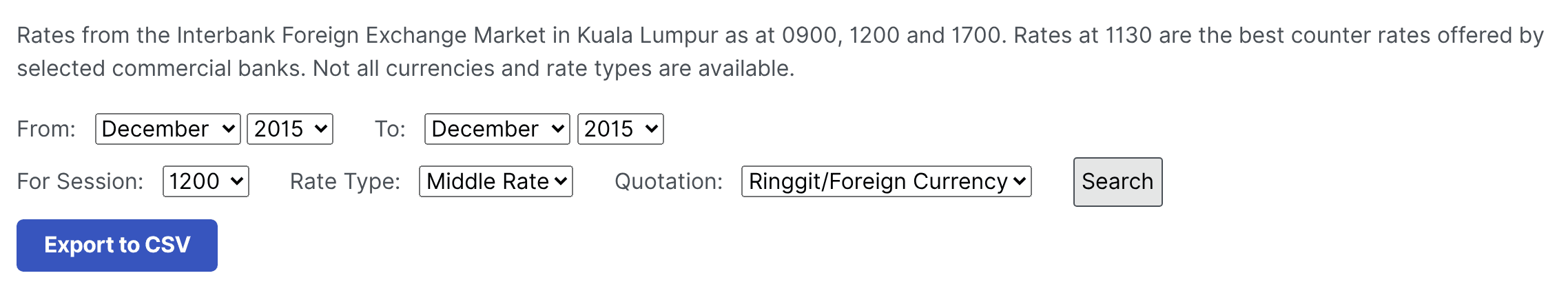 The session note and query form on Bank Negara Malaysia's exchange-rates page, set to the 1200 session, middle rate, ringgit per foreign currency.