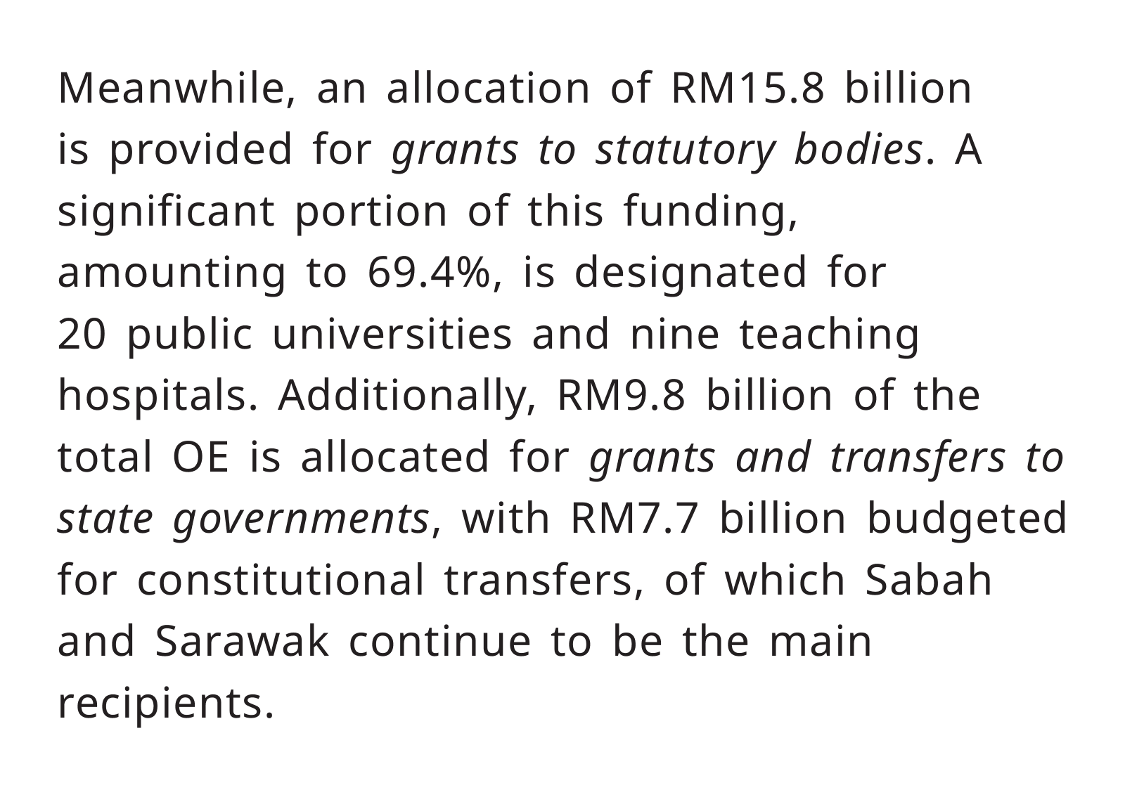 A paragraph from page 134 of the Ministry of Finance Fiscal Outlook 2026 on grants to statutory bodies and transfers to state governments.